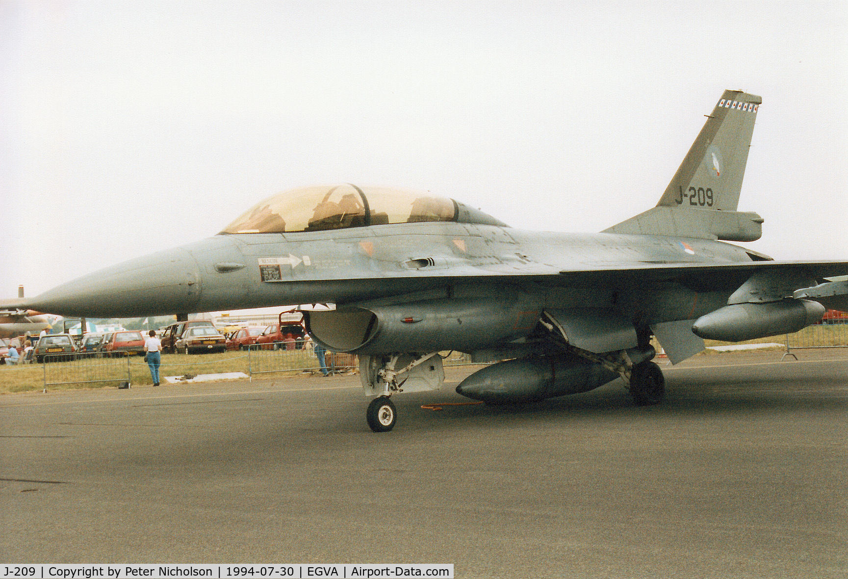 J-209, 1983 General Dynamics F-16BM Fighting Falcon C/N 6E-28, F-16B Falcon, callsign Polly 2, of 322 Squadron of the Royal Netherlands Air Force at Leeuwarden on display at the 1994 Intnl Air Tattoo at RAF Fairford.