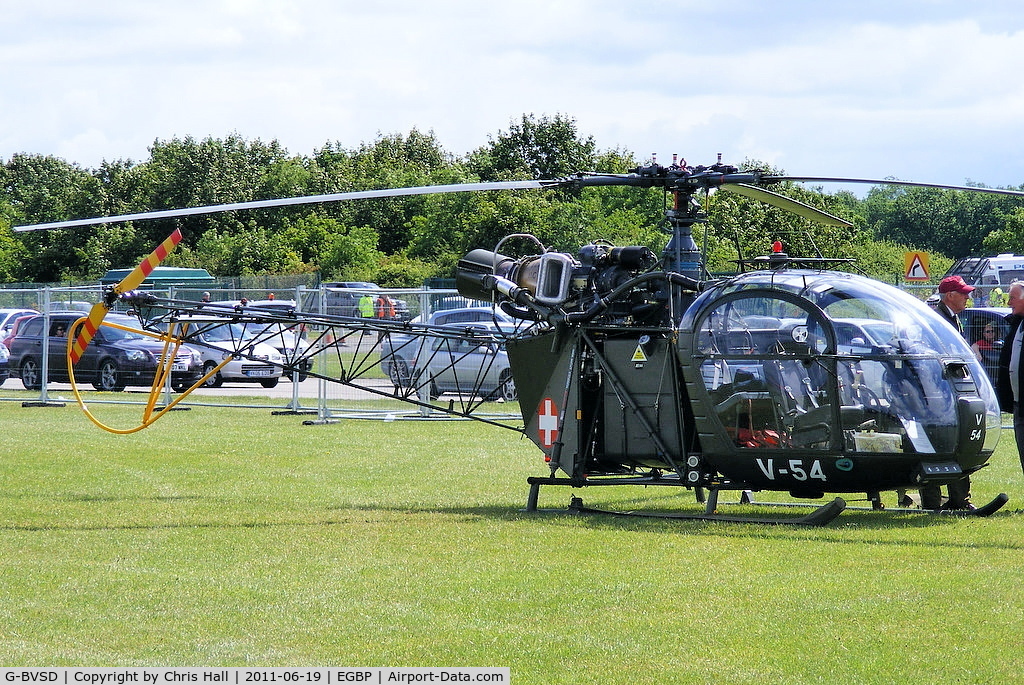 G-BVSD, 1964 Sud SE-3130 Alouette II C/N 1897, painted in its former Swiss Air Force colours and wearing the serial number V-54 on static display at the Cotswold Airshow