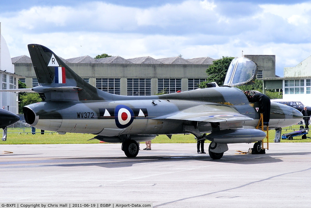 G-BXFI, 1955 Hawker Hunter T.7 C/N 41H-670818, parked on the flight line prior to its display at the Cotswold Airshow