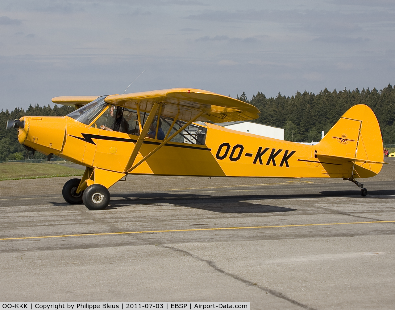 OO-KKK, 1953 Piper L-18C Super Cub (PA-18-95) C/N 18-3155, Yellow Cub taxiing to rwy 05. Was destroyed in a disastrous accident in October 2011 after taking off at Spa Laboru (Theux). Both seasoned pilots died.