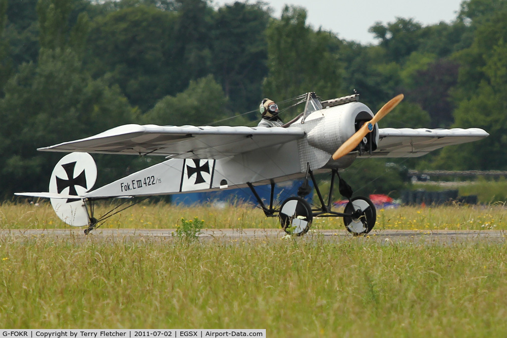 G-FOKR, 2009 Fokker E.III Eindecker 3/4 Replica C/N GS-103, G-FOKR (422/15), 2009 Airdrome Aeroplanes Fokker E-III Eindecker (3/4 replica), c/n: GS-103 at North Weald