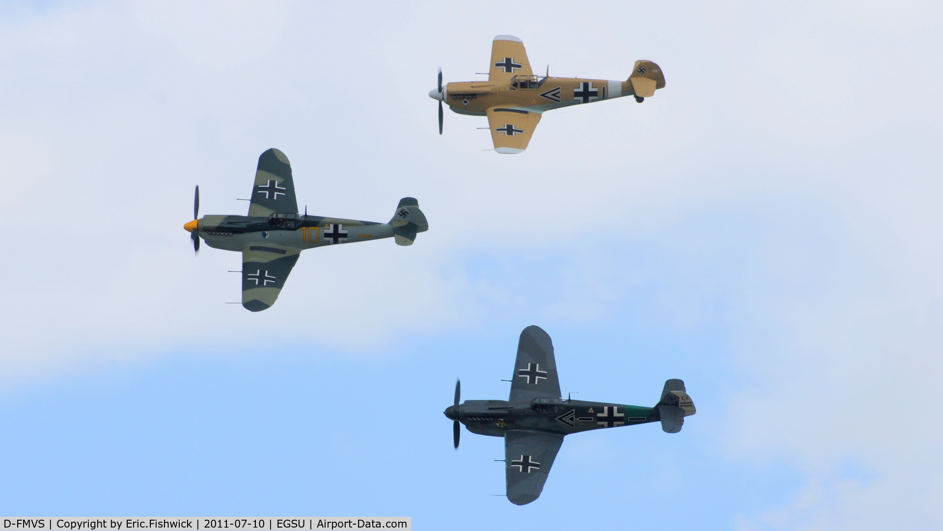D-FMVS, Hispano HA-1112-M1L Buchon C/N 234, D-FMVS with G-BWUE and G-AWHE in an historic flypast at another excellent Flying Legends Air Show (July 2011)