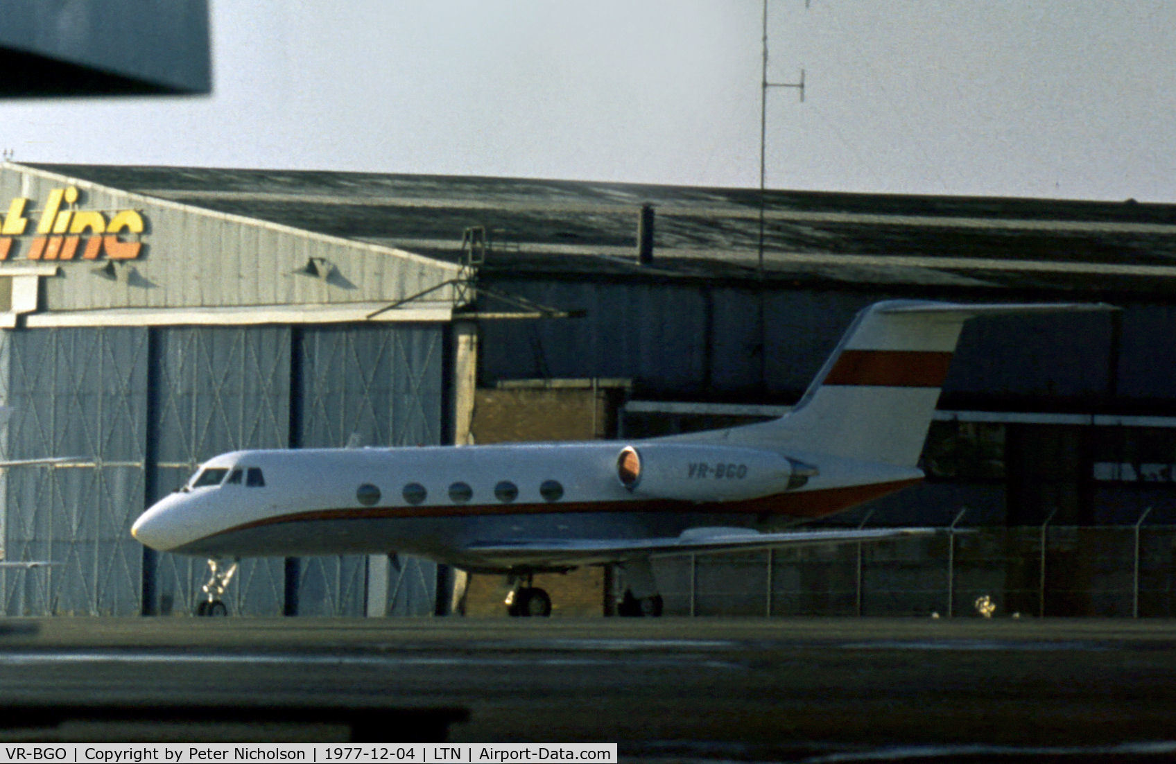 VR-BGO, 1973 Gulfstream American G-1159 Gulfstream II C/N 124, Gulfstream II operated by the Sioux Corporation as seen at Luton in December 1977.