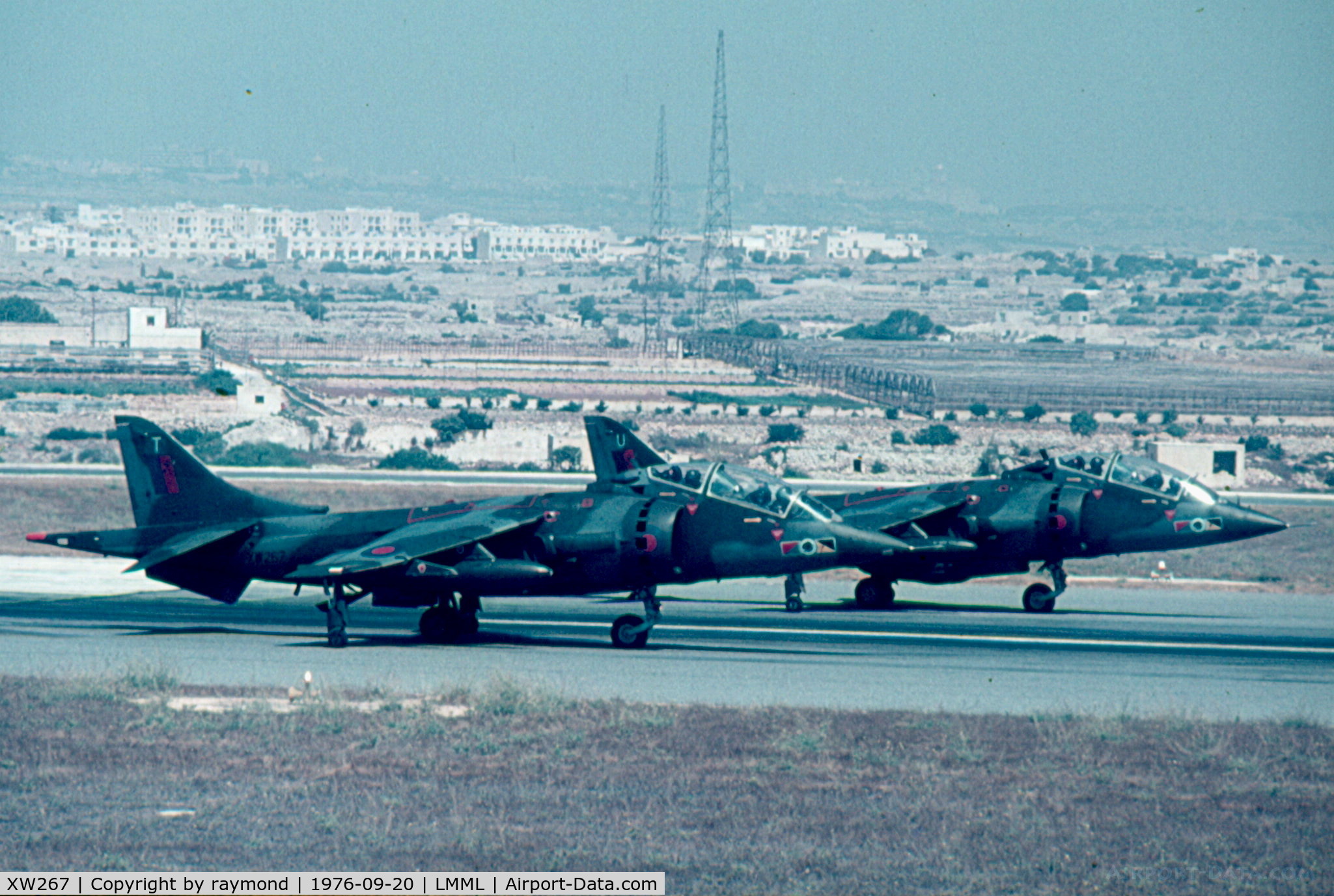 XW267, 1970 Hawker Siddeley Harrier T.4 C/N 212006, Harriers T4s XW267/T & XW268/U lining up the runway at RAF Luqa for a sortie.