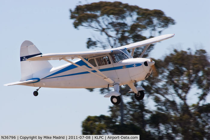 N36796, 1941 Stinson 10A C/N 8096, Landing at West Coast Piper Cub Fly-in 2011