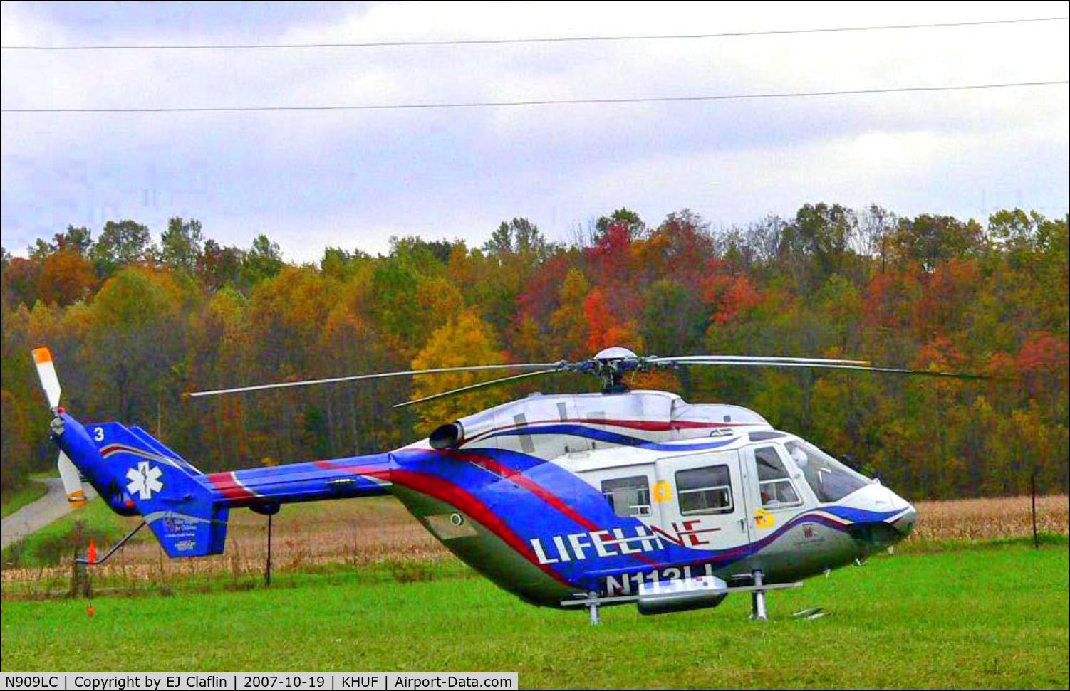 N909LC, 1983 Eurocopter-Kawasaki BK-117A-4 C/N 7013, in its former lifetime, N909LC flew as LifeLine 3 (N113LL) out of Terre Haute, Indiana for Clarian Health.  It was replaced in 2010 by a new delivery EC 145