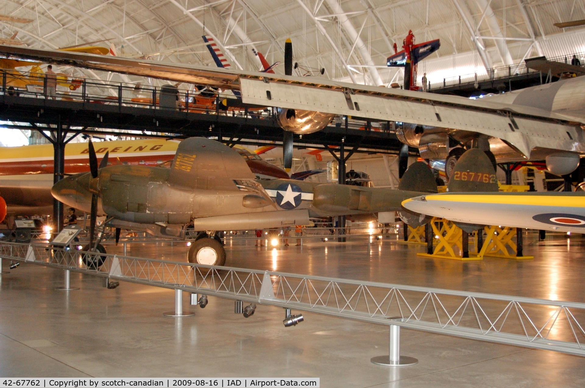 42-67762, Lockheed P-38J Lightning C/N 2273, Lockheed P-38J-10-LO Lightning at the Steven F. Udvar-Hazy Center, Smithsonian National Air and Space Museum, Chantilly, VA