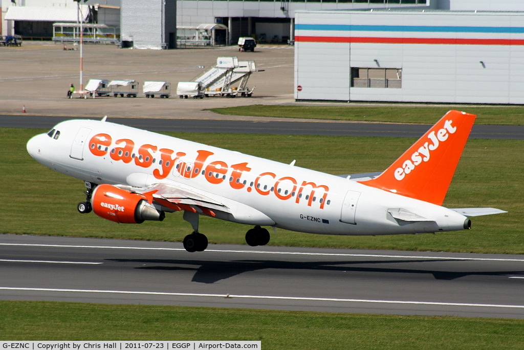 G-EZNC, 2003 Airbus A319-111 C/N 2050, easyJet A319 departing from RW27, taken from the control tower
