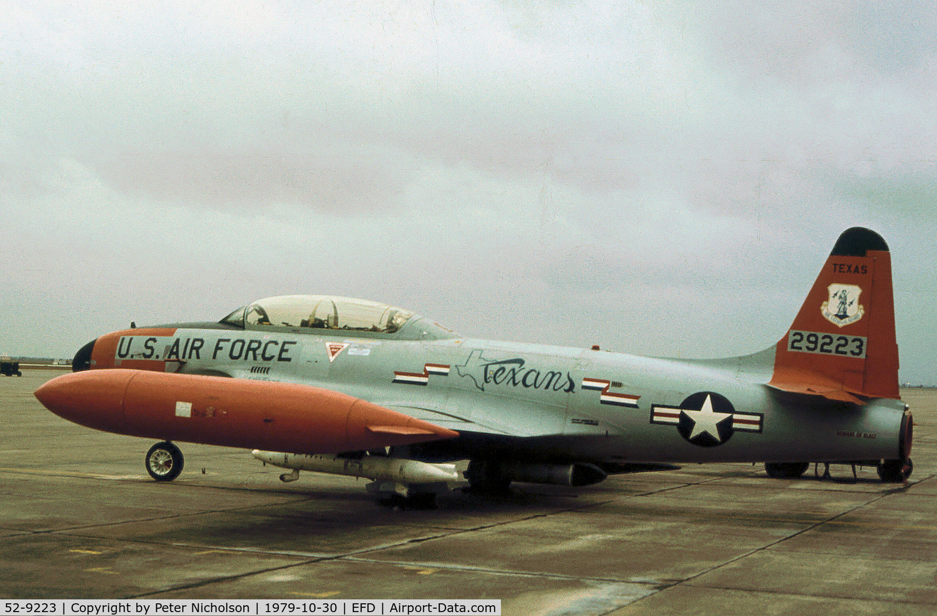 52-9223, 1953 Lockheed T-33A Shooting Star C/N 580-7289, T-33A Shooting Star of the 111st Fighter Interceptor Squadron/147th Fighter Interceptor Group on the flight-line at Ellington AFB in October 1979.