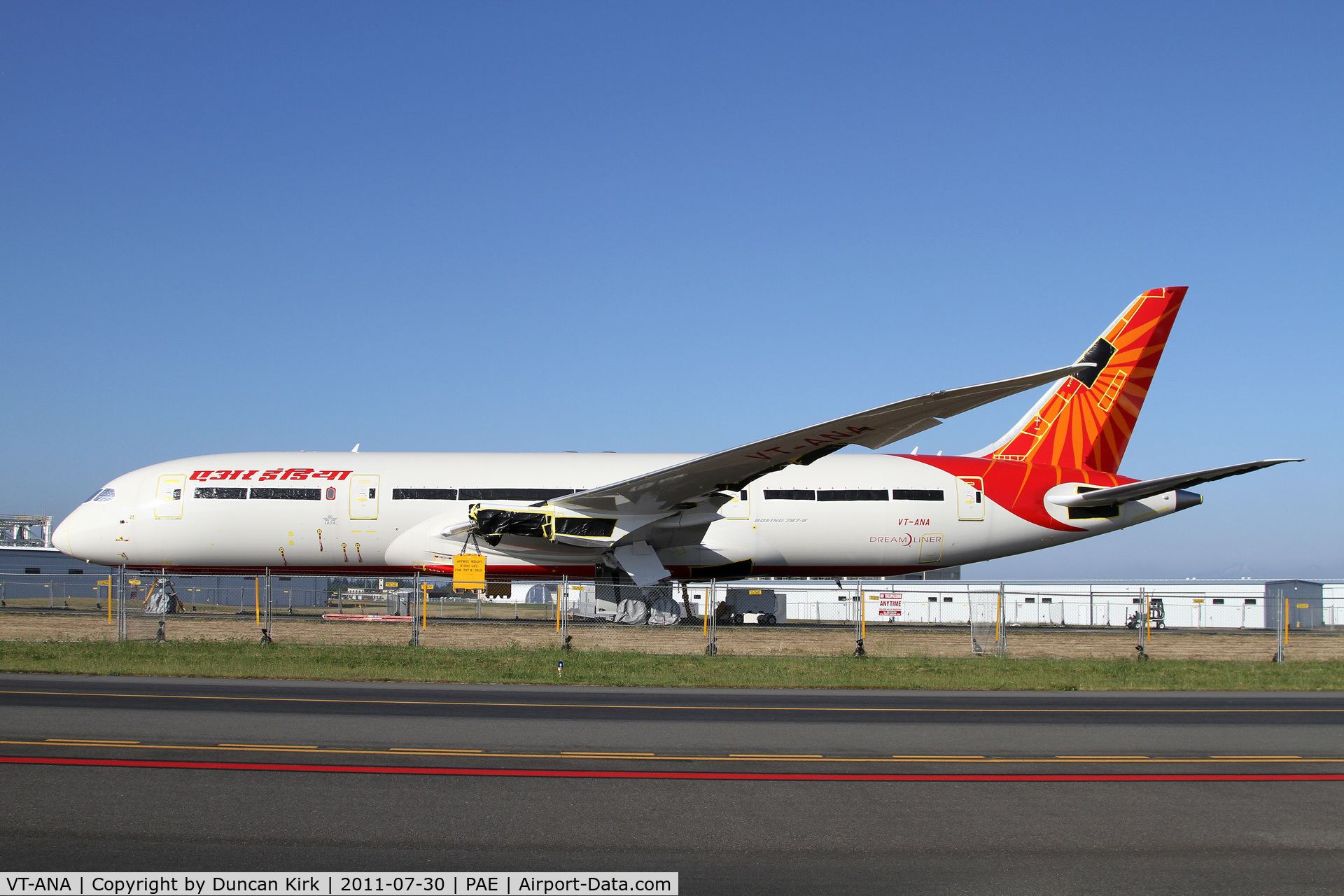VT-ANA, 2011 Boeing 787-8 Dreamliner C/N 36273, The first 787 for Air India minus engines and in storage on Runway 29-11