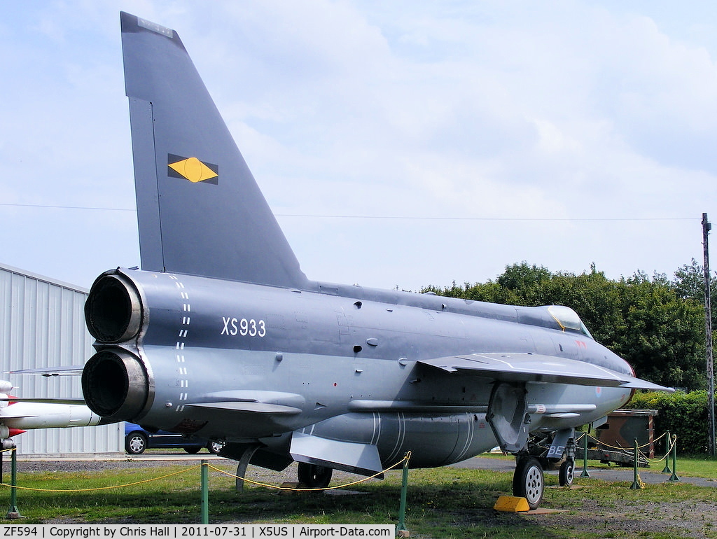 ZF594, English Electric Lightning F.53 C/N 95303, ex Saudi AF (53-696) painted to represent XS933 EE Lightning F.6 of No. 11 Squadron, displayed at the North East Aircraft Museum, Unsworth