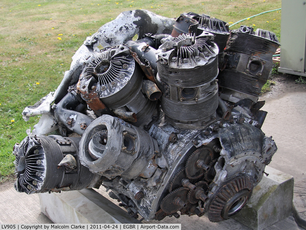 LV905, Handley Page HP-61 Halifax III C/N Not found LV905, An engine recovered from a WW2 crash site in 2003 at Bergse Maas, Holland. A Halifax from 75 Sqn RAF crashed 1944-05-24 with the loss of all on board.