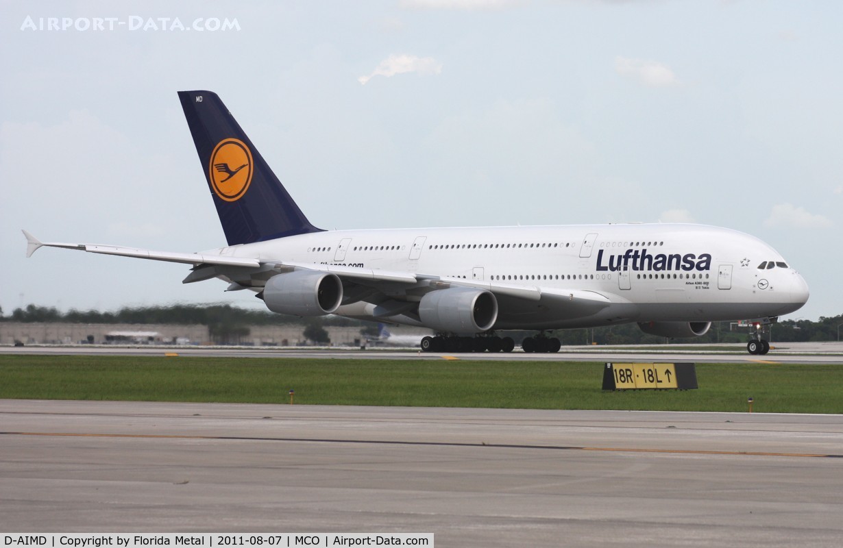 D-AIMD, 2010 Airbus A380-841 C/N 048, Lufthansa A380 rolling down the runway 18R