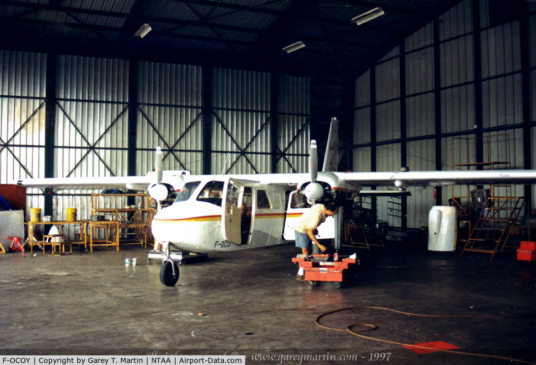 F-OCOY, Britten-Norman BN-2A-8 Islander C/N 131, Circa 1997 with Air Moorea in the maintenance hangar.