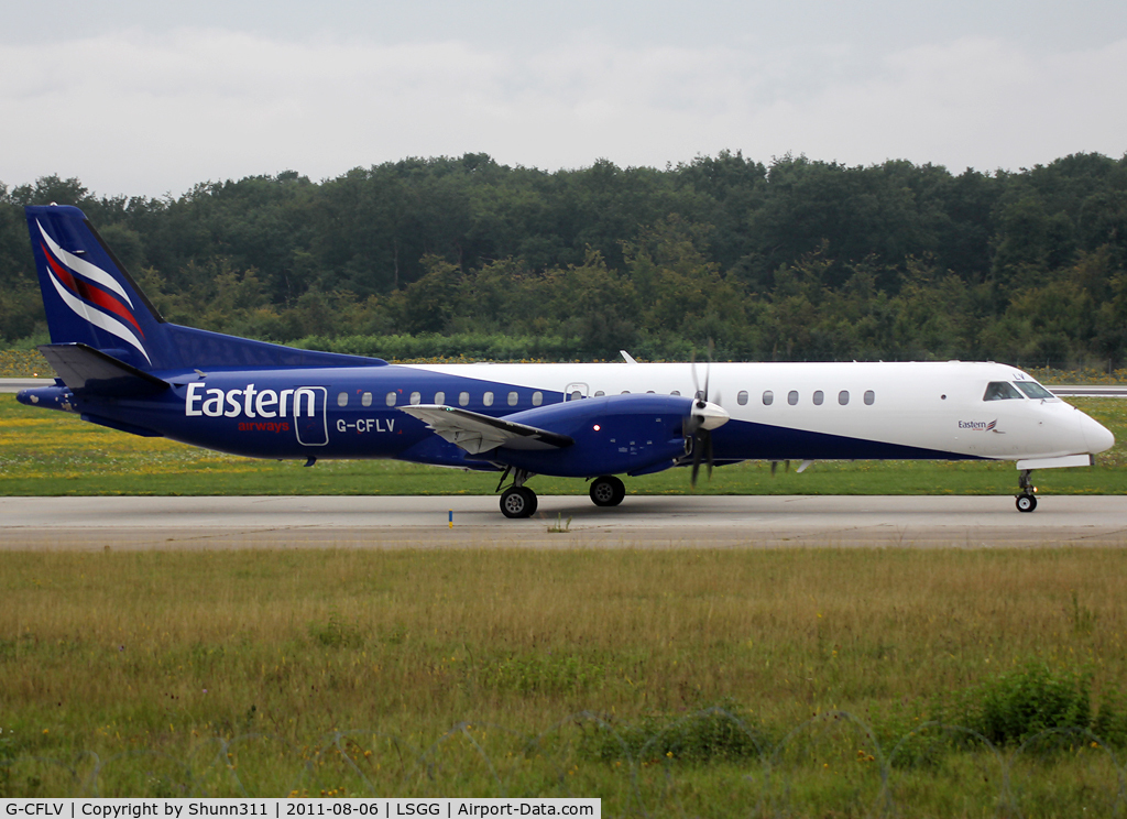 G-CFLV, 1995 Saab 2000 C/N 2000-023, Taxiing holding point rwy 23 for departure...