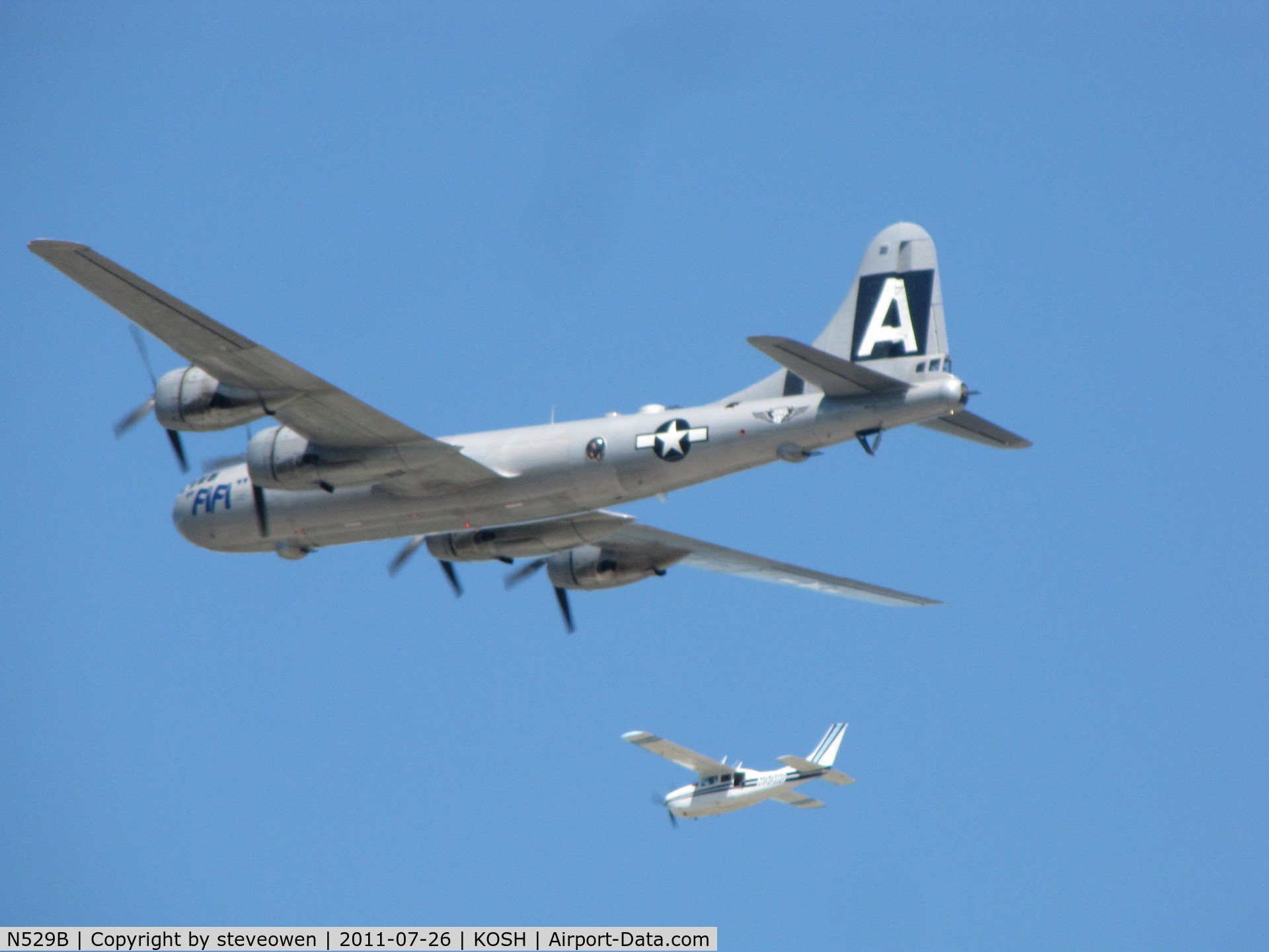 N529B, 1944 Boeing B-29A-60-BN Superfortress C/N 11547, FiFi and  chase plane over EAA 2011,Good to her in the air again