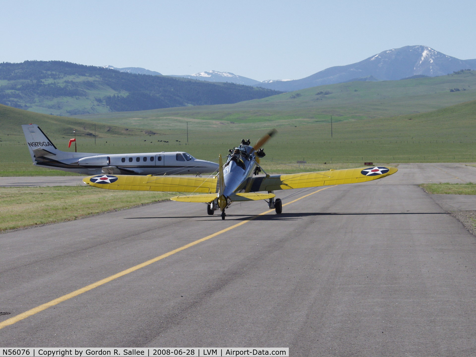 N56076, 1941 Ryan Aeronautical ST3KR C/N 1309, Taxiing to the grass strip at Mission Field Airport in Livingston Montana