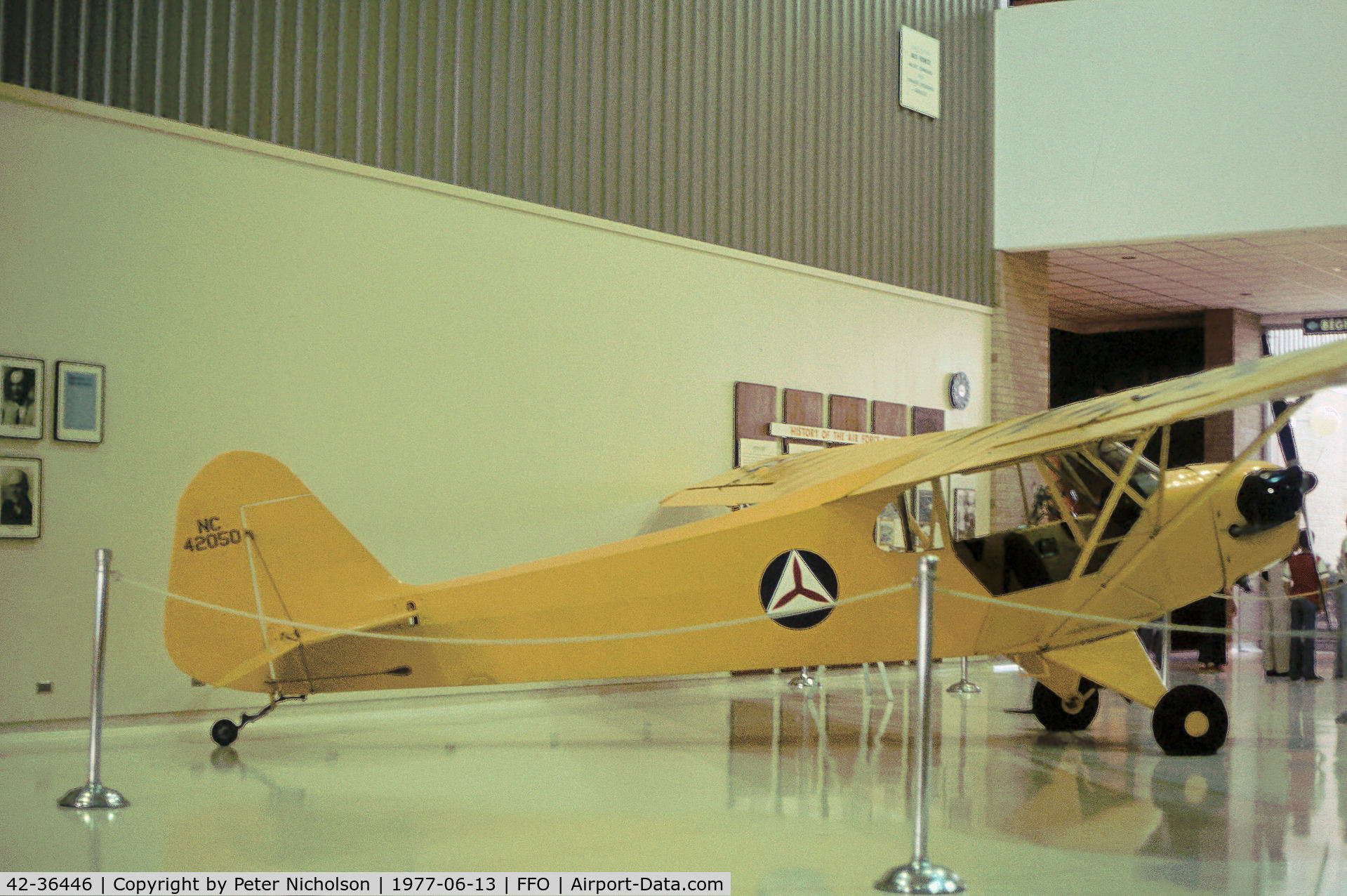 42-36446, 1943 Piper L-4A Grasshopper (O-59A / J3C-65) C/N 8570, L-4A Grasshopper in Civil Air Patrol markings as NC42050 as seen at the USAF Museum in the Summer of 1977.