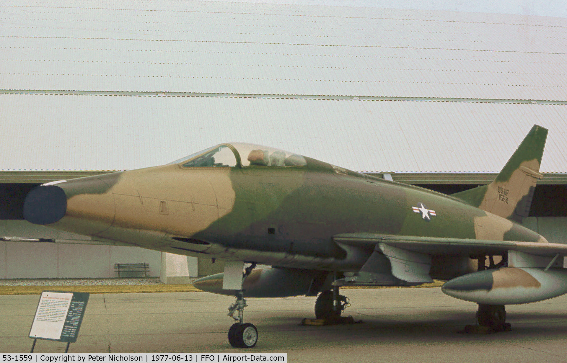 53-1559, 1953 North American F-100A Super Sabre C/N 192-54, Another view of this F-100A Super Sabre on display at the USAF Museum in the Summer of 1977.