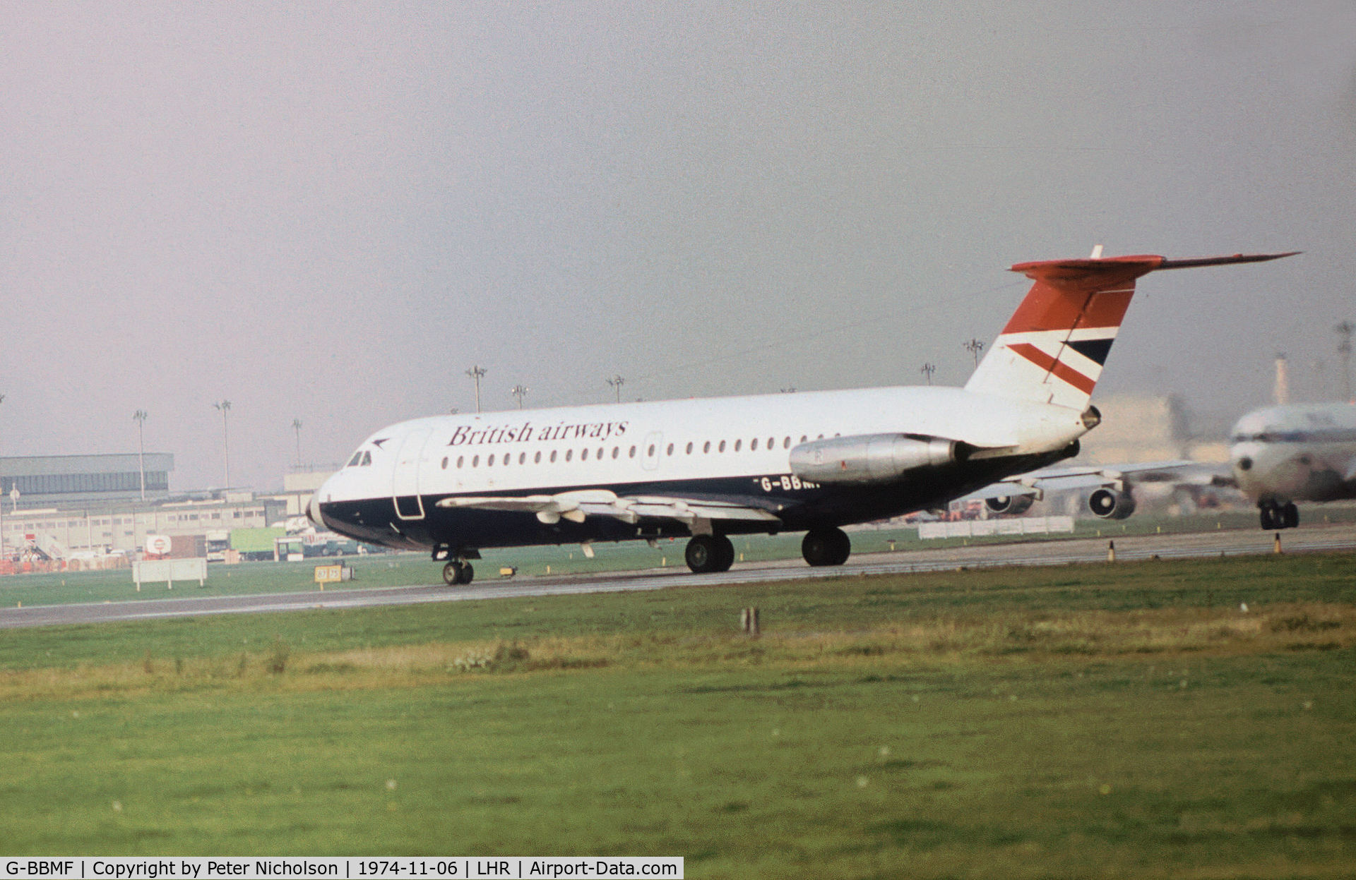 G-BBMF, 1966 BAC 111-401AK One-Eleven C/N BAC.074, One Eleven 401 of British Airways preparing for take-off on Runway 27L at Heathrow in November 1974.