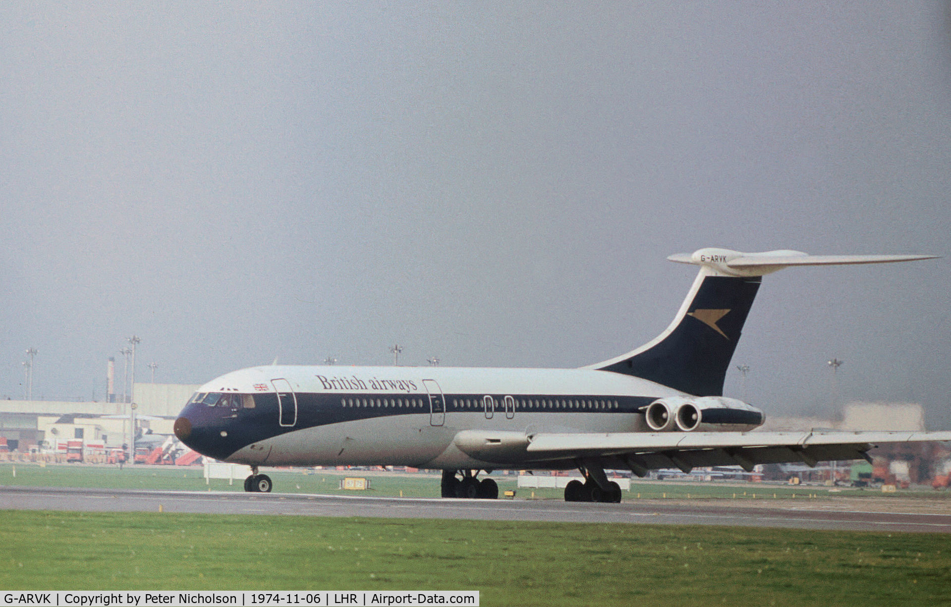 G-ARVK, 1964 Vickers VC10 Srs 1101 C/N 813, VC.10 of British Airways taxying onto Runway 27L at Heathrow in November 1974 - still wearing former BOAC markings.