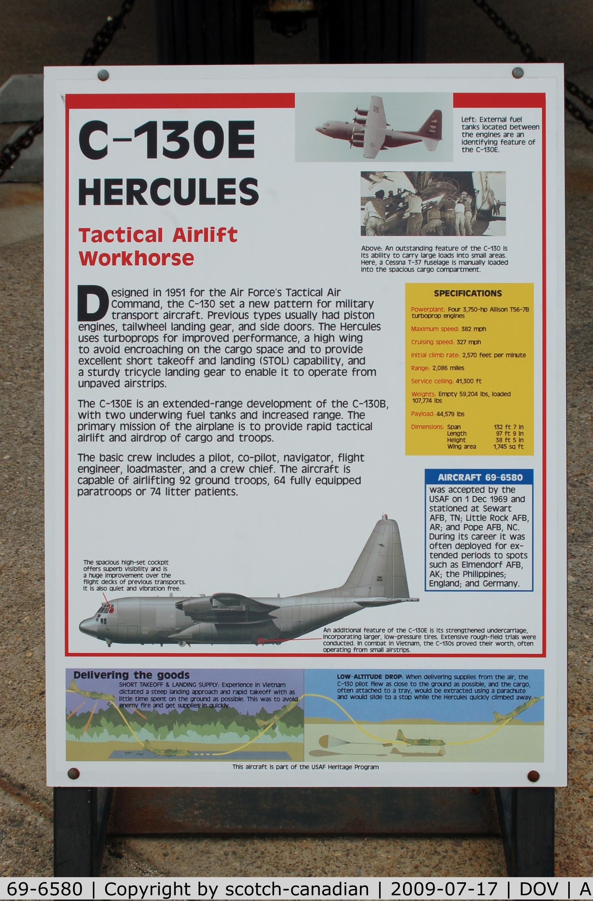 69-6580, 1969 Lockheed C-130E Hercules C/N 382-4356, Information Plaque for the Lockheed C-130E Hercules at the Air Mobility Command Museum, Dover AFB, DE