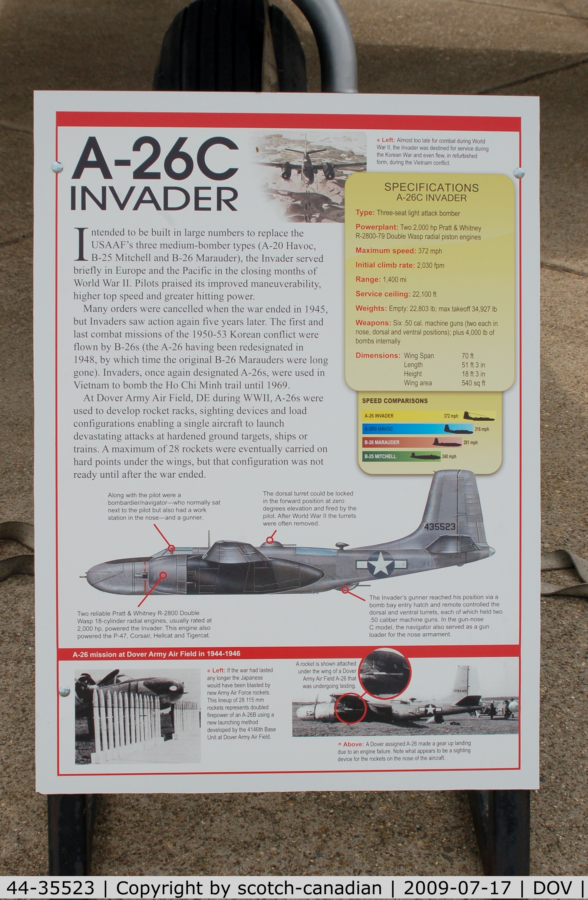 44-35523, 1944 Douglas A-26C Invader C/N 28802, Information Plaque for the 1944 Douglas A-26C Invader at the Air Mobility Command Museum, Dover AFB, DE