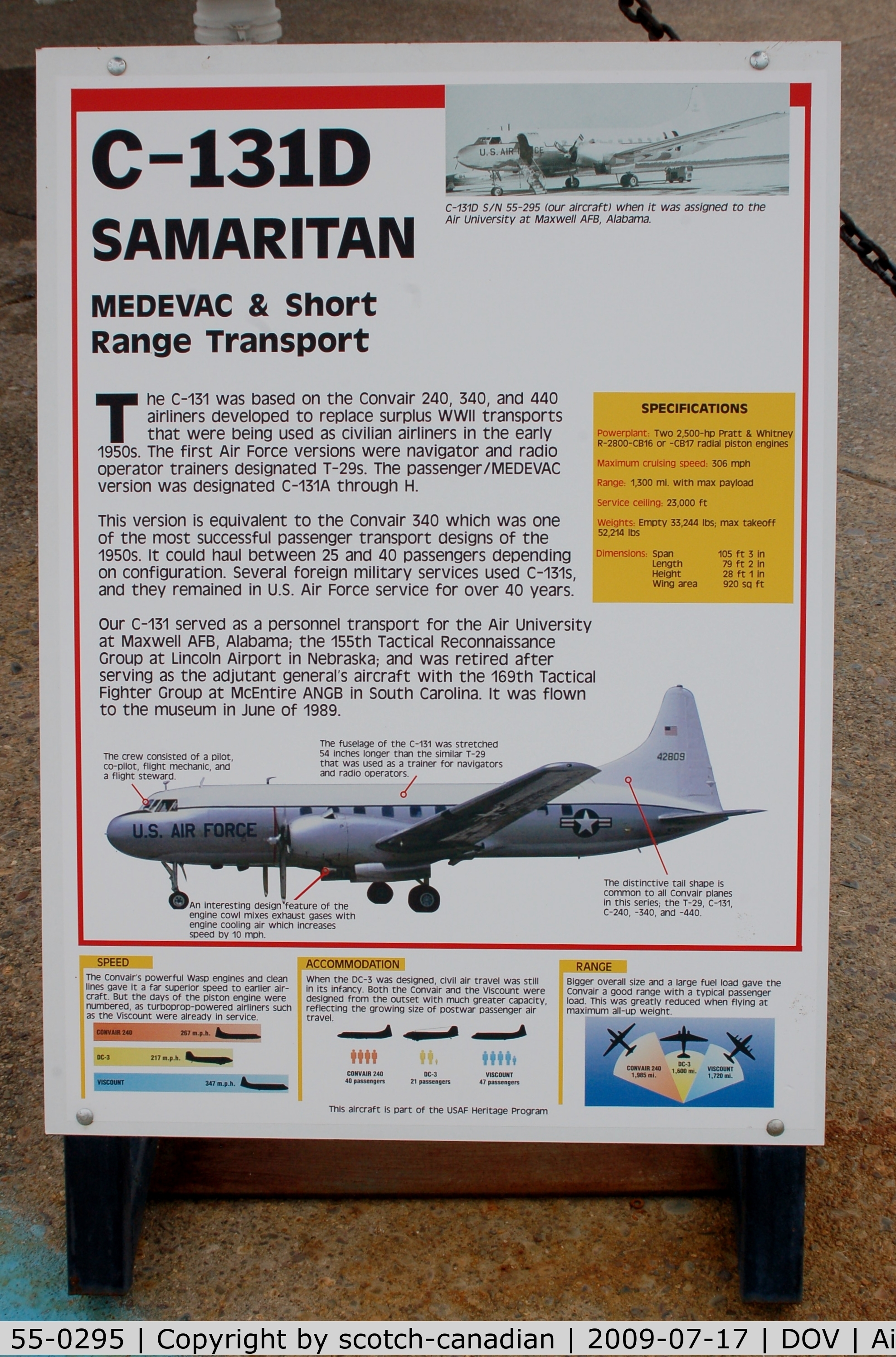 55-0295, 1955 Convair C-131D Samaritan C/N 223, Information Plaque for the 1955 Convair C-131D Samaritan at the Air Mobility Command Museum, Dover AFB, DE