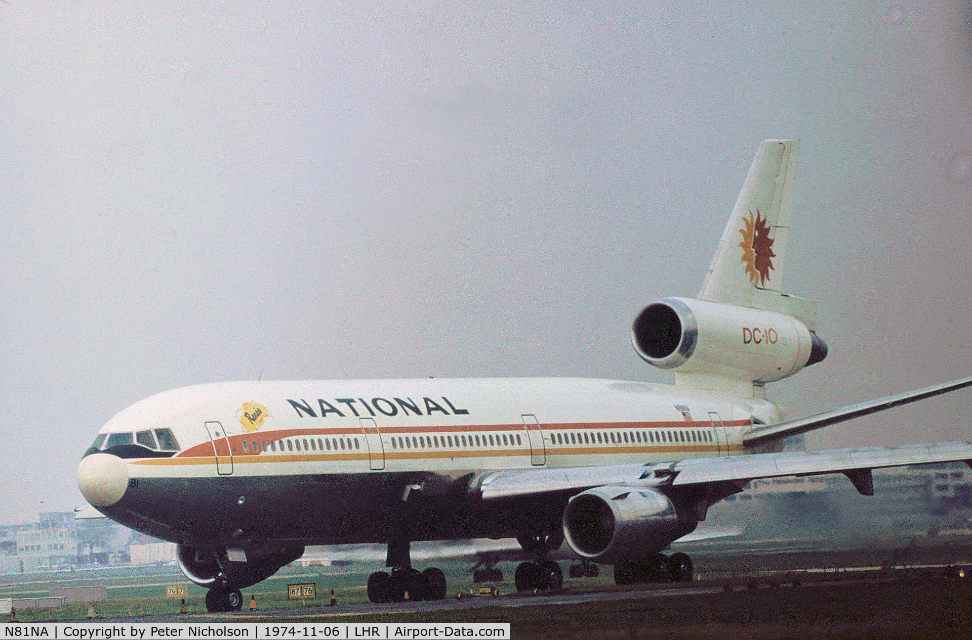 N81NA, 1973 Douglas DC-10-30 C/N 46712, DC-10-30 named Renee of National Airlines joining Runway 27L at Heathrow in November 1974.