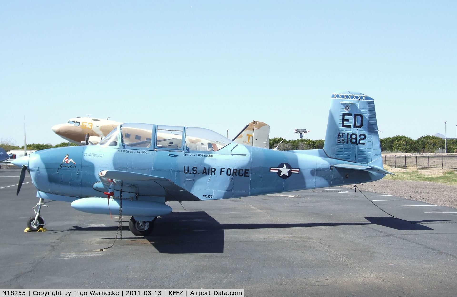 N18255, 1955 Beech A45 C/N G-739, Beechcraft A45 (T-34 Mentor) outside the CAF Museum at Falcon Field, Mesa AZ