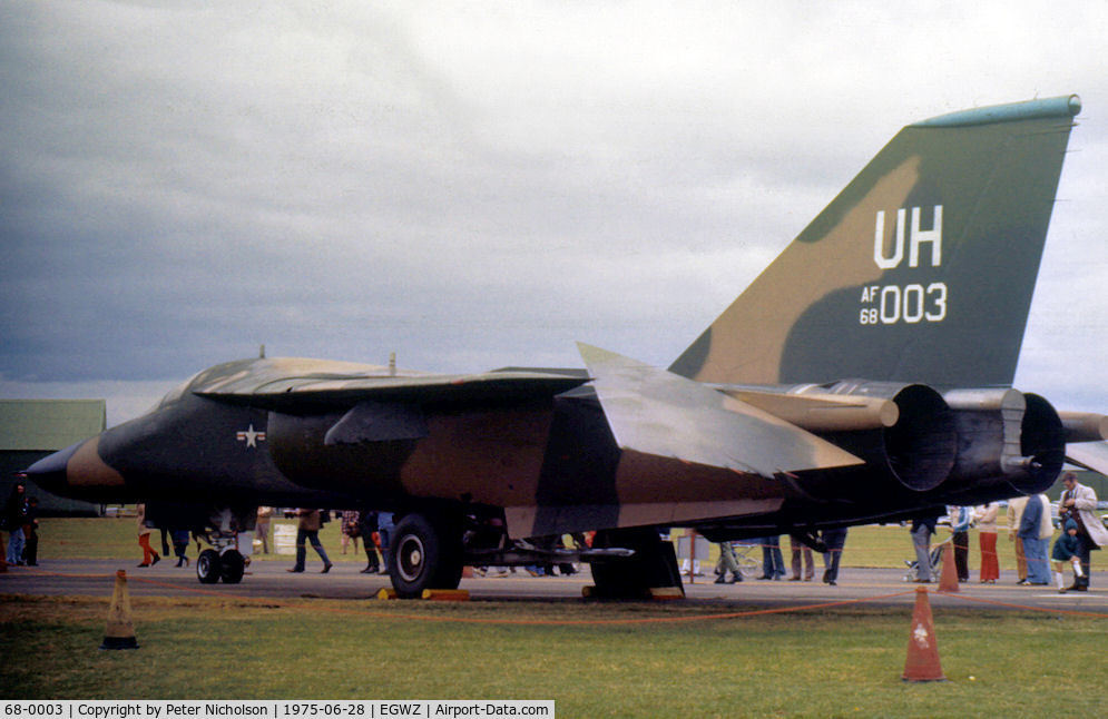 68-0003, 1968 General Dynamics F-111E Aardvark C/N A1-172, F-111E of 55th Tactical Fighter Squadron/20th Tactical Fighter Wing on display at the 1975 RAF Alconbury Airshow.