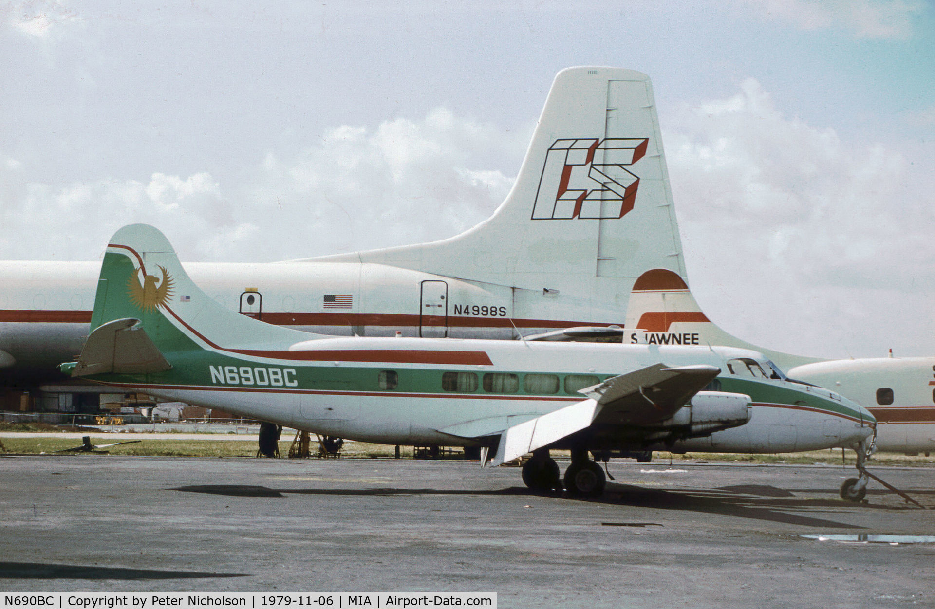 N690BC, 1954 De Havilland DH-114 Heron 2X C/N 14066, Riley Heron of Shawnee Airlines as seen at Miami in November 1979.