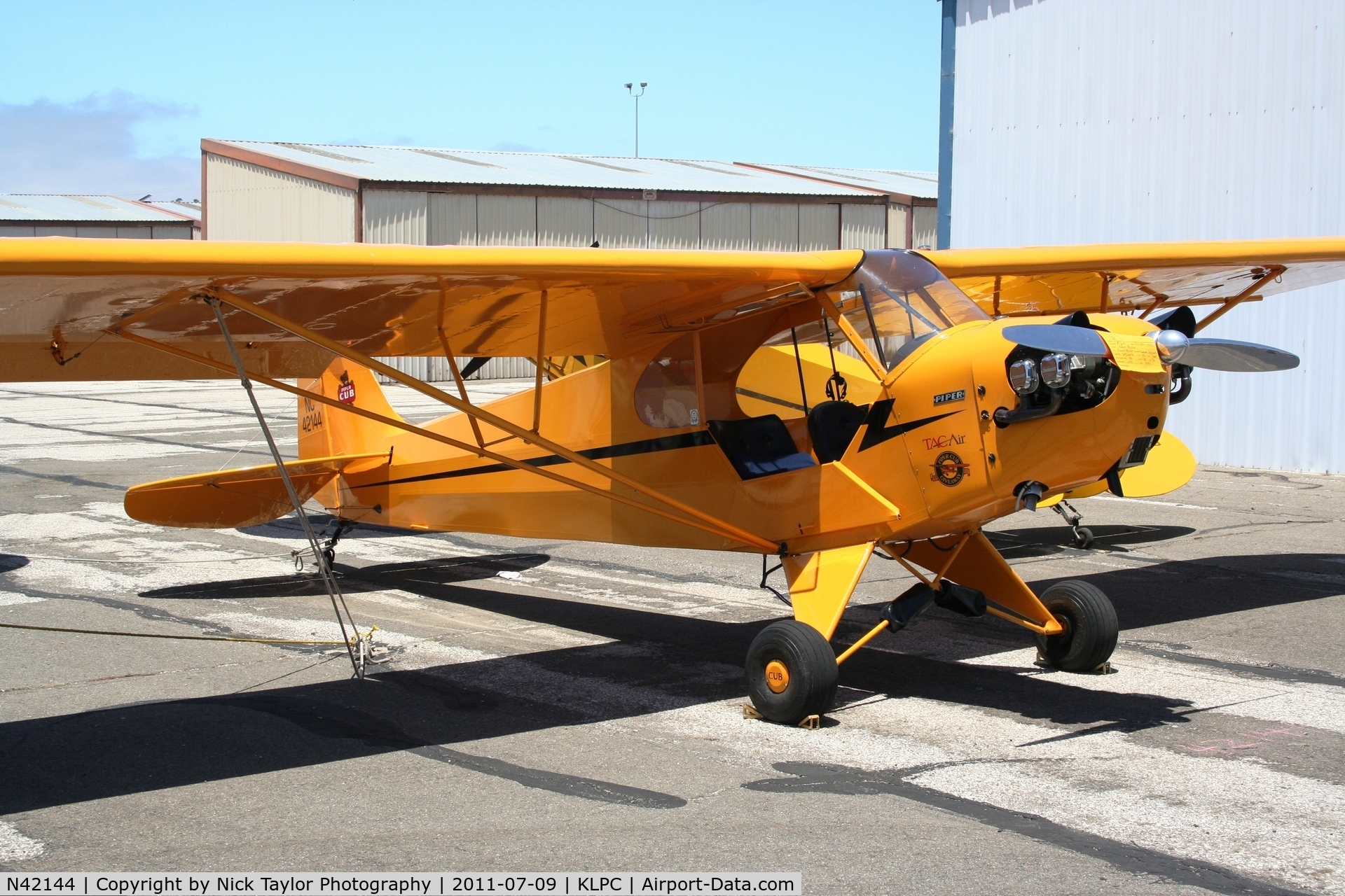 N42144, 1947 Piper J3C-65 Cub Cub C/N 14373, Lompoc Piper Cub fly in 2011