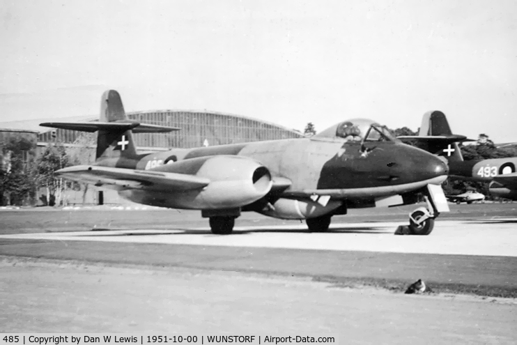485, Gloster Meteor F.8 C/N Not found 485, RDAF Meteor F.8 at RAF Wunstorf for refuelling and pre-flight inspections in October 1951.
