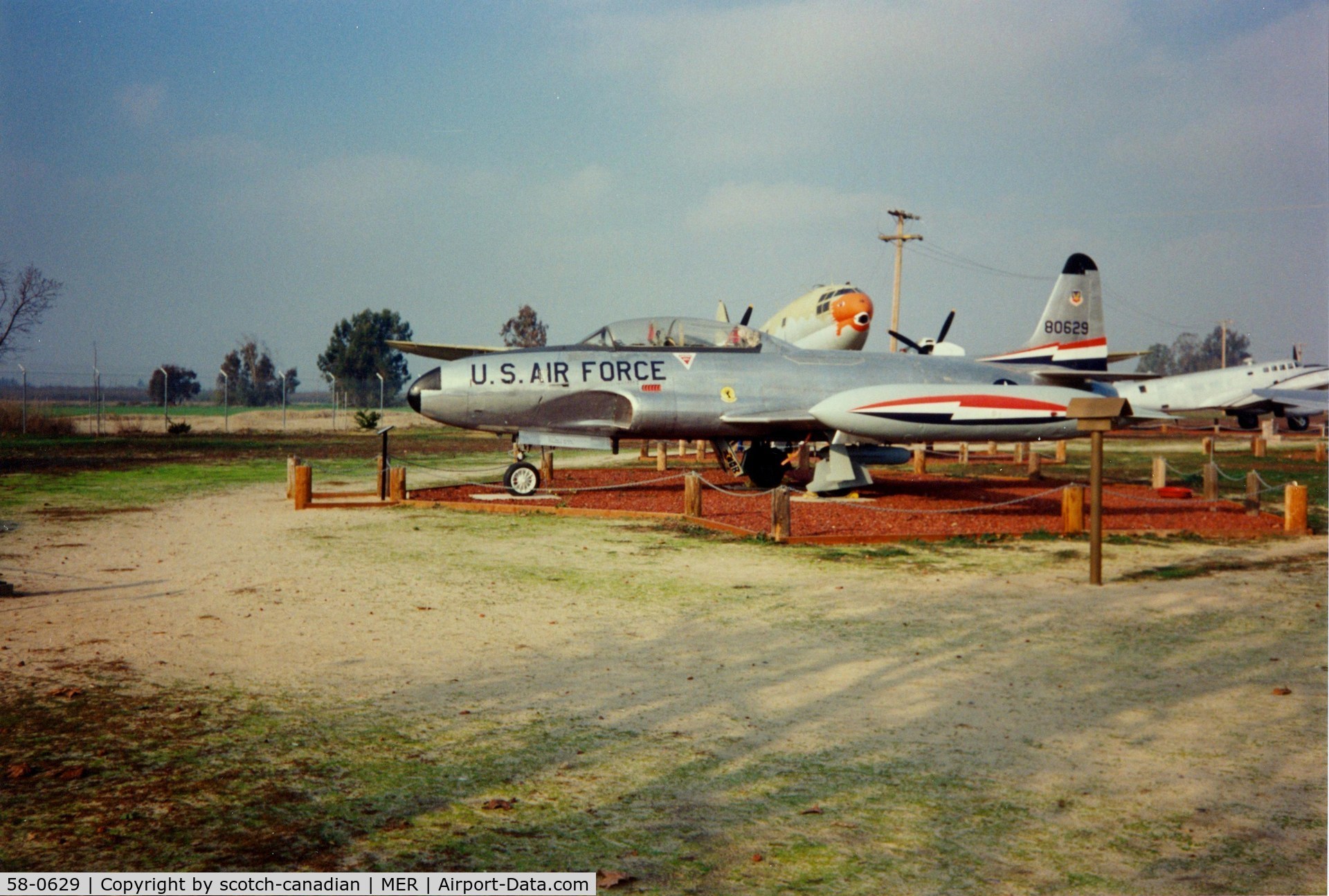 58-0629, 1958 Lockheed T-33A Shooting Star C/N 580-1598, Lockheed T-33 Shooting Star at Castle Air Museum, Atwater, CA - July 1989