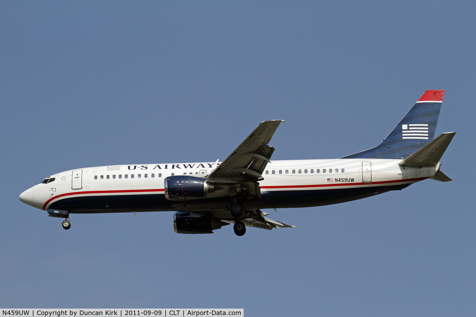 N459UW, 1991 Boeing 737-4B7 C/N 25023, Approaching the US Airways hub of Charlotte