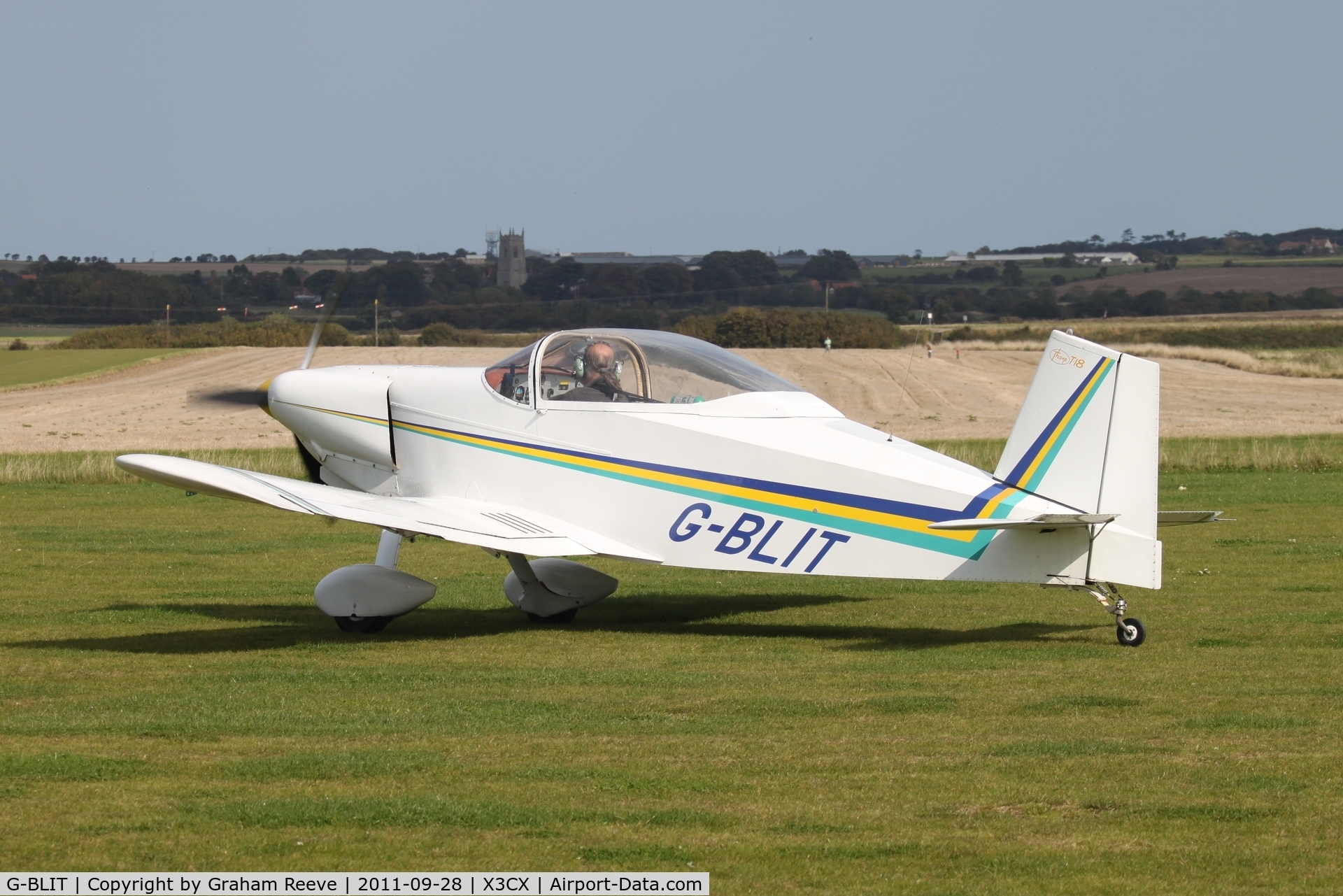 G-BLIT, 1986 Thorp T-18C Tiger C/N PFA 076-10550, About to depart from Northrepps.