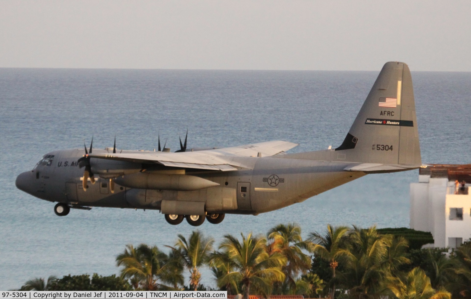 97-5304, 1997 Lockheed Martin WC-130J Hercules C/N 382-5474, Hurricane hunter 97-5304 on a low pass at TNCM