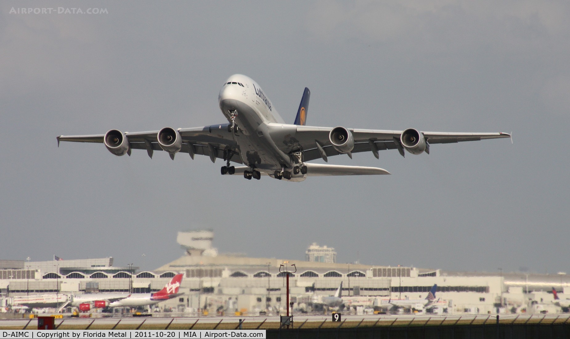 D-AIMC, 2010 Airbus A380-841 C/N 044, For #35,000 - Lufthansa A380 lifting off from Miami