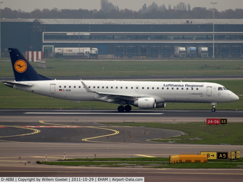 D-AEBI, 2011 Embraer 195LR (ERJ-190-200LR) C/N 19000464, Taxi to the runway24 on Schiphol Airport