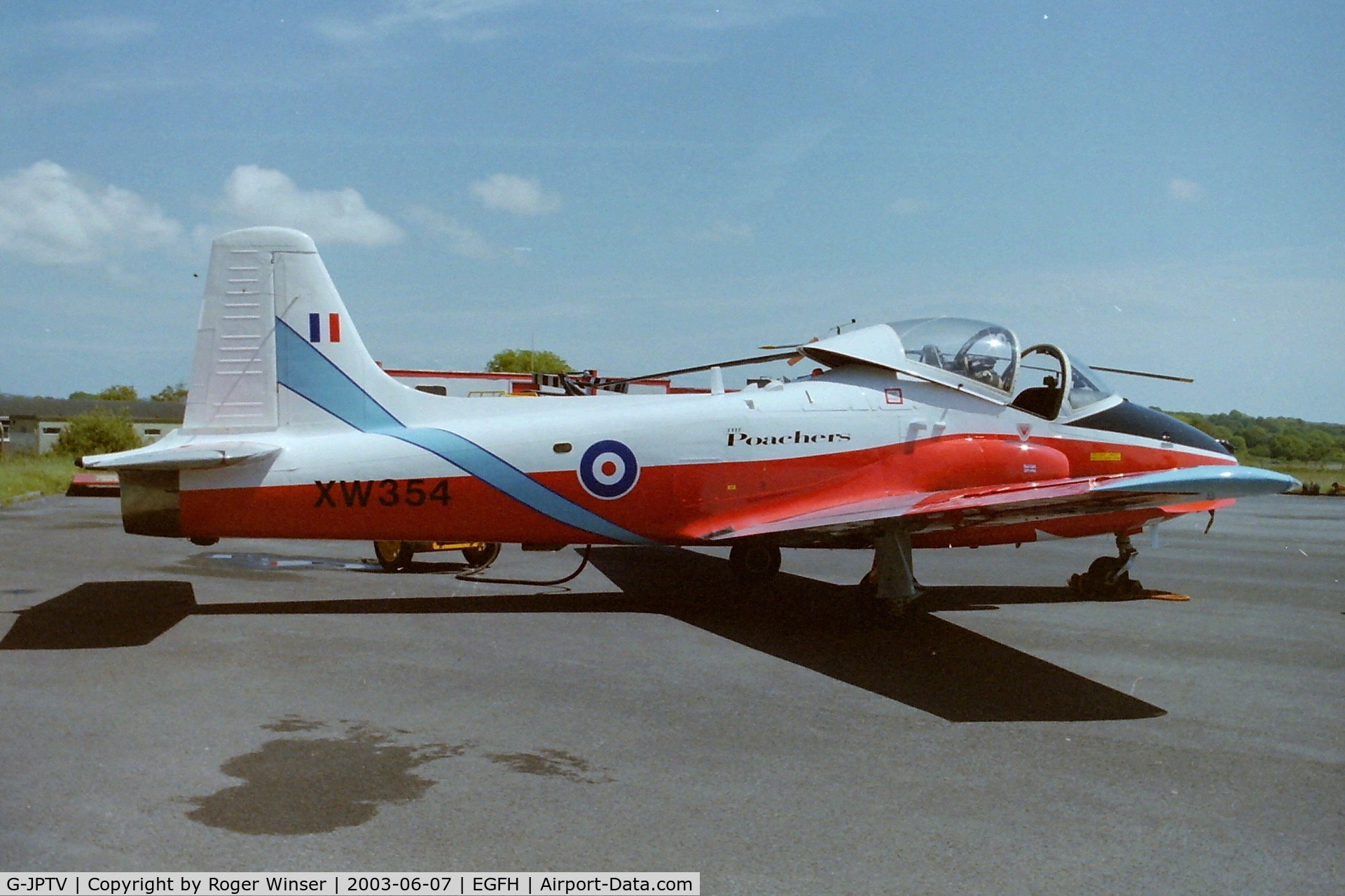 G-JPTV, 1971 BAC 84 Jet Provost T.5A C/N EEP/JP/1005, Previously in a yellow and blue colour scheme. Seen newly repainted in RAF Poachers aerobatic team colours representing the lead aircraft XW354 in the mid 1970's. This aircraft was  XW355 in RAF service. Operated by Gower Jets from Swansea Airport.