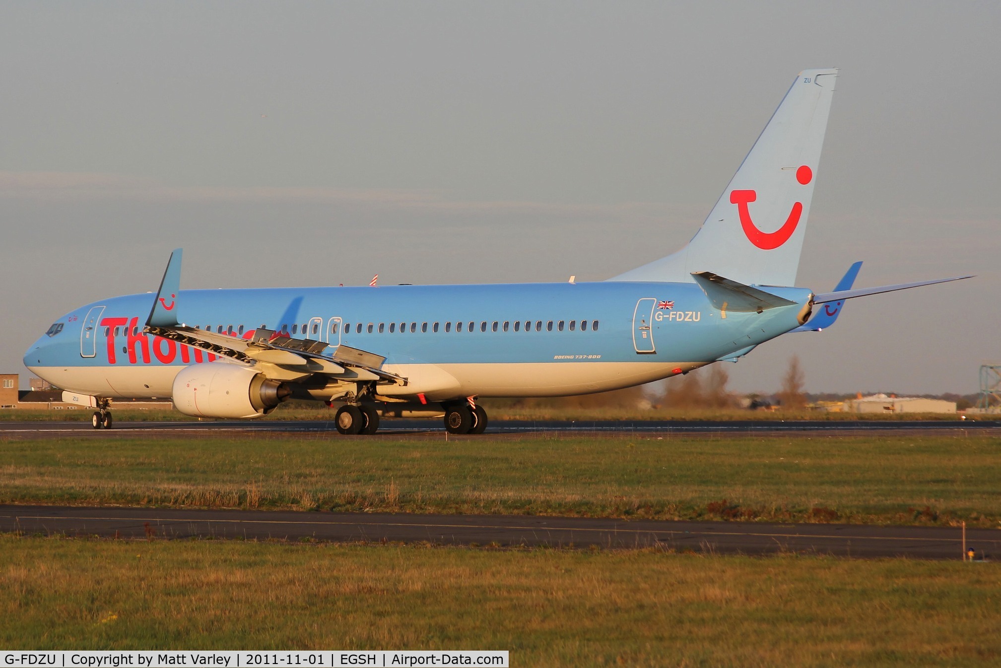 G-FDZU, 2011 Boeing 737-8K5 C/N 37253, Arriving at EGSH in the late evening sun.