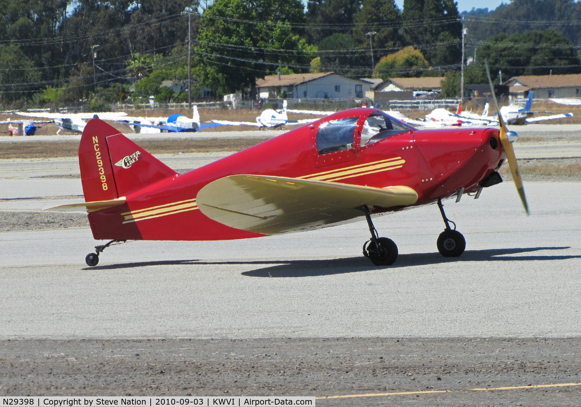 N29398, 1940 Culver LCA C/N 191, Bright red  and yellow 1940 Culver LCA painted as NC29398 and taxiing @ Watsonville Fly-In