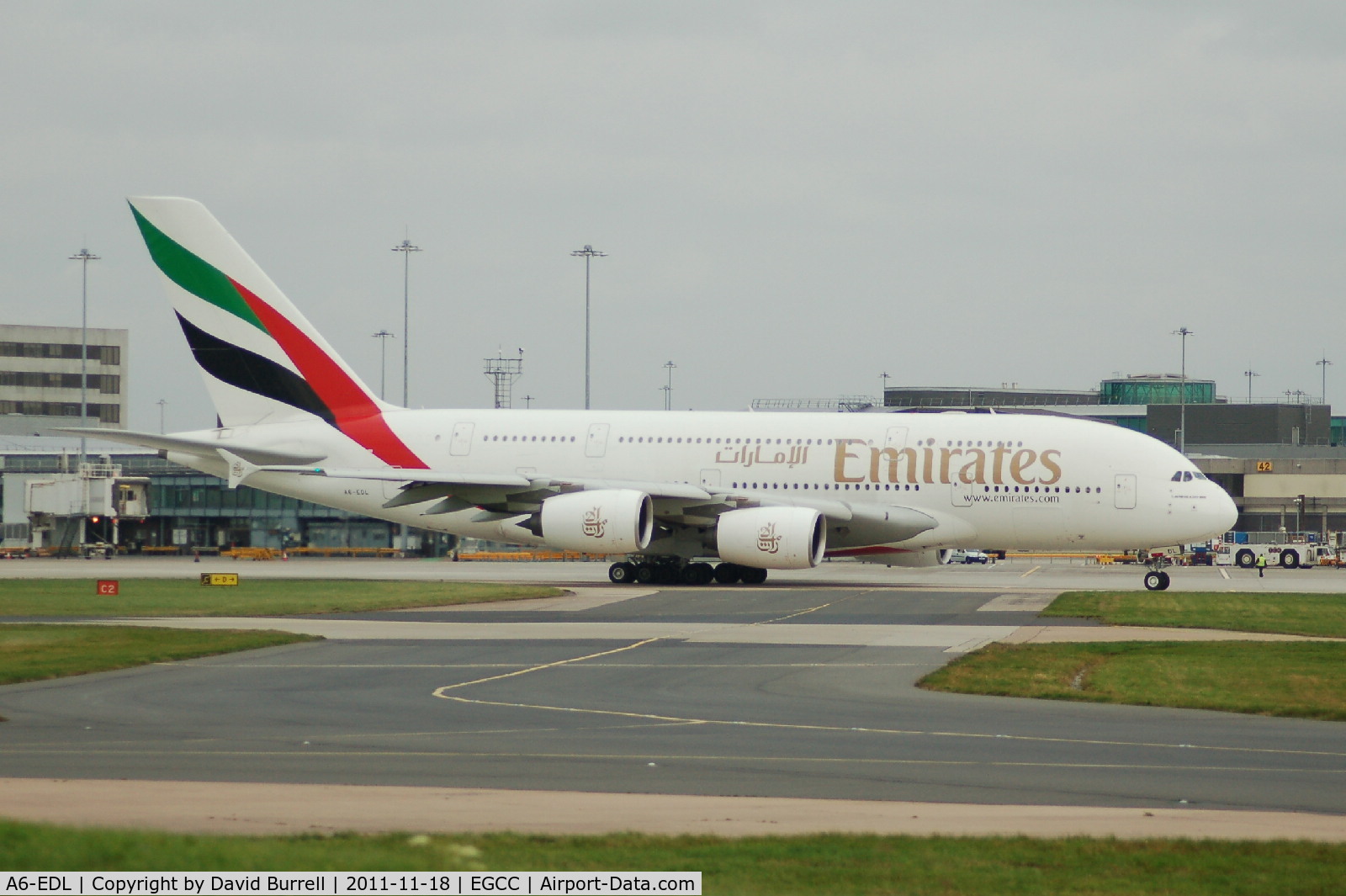 A6-EDL, 2010 Airbus A380-861 C/N 046, Emirates Airbus A380 taxiing Manchester Airport.