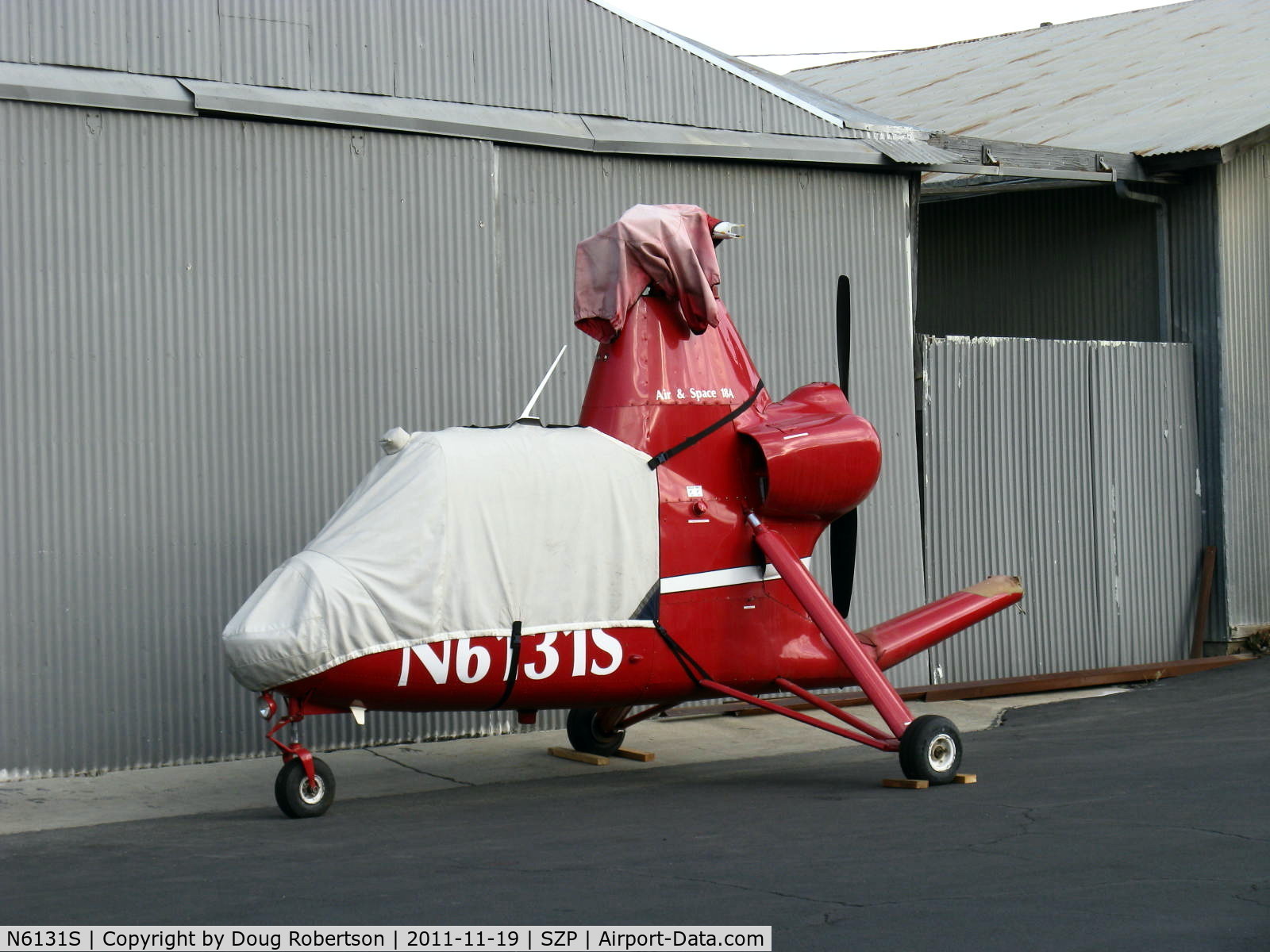 N6131S, 1965 Air & Space America Inc 18A C/N 18-38, 1965 Air & Space Mfg. Inc. 18A jump start autogyro, Lycoming O&VO-360 180 Hp pusher, rotor blades off