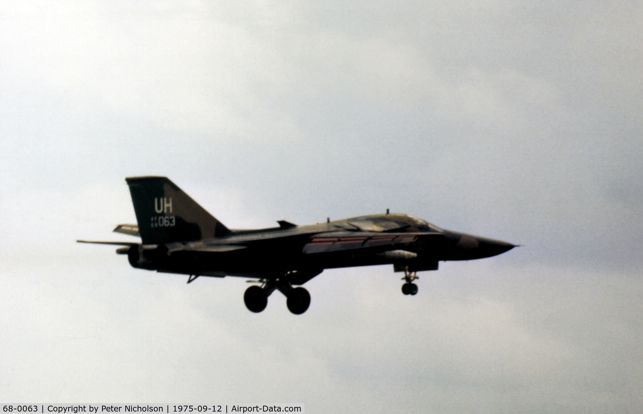 68-0063, 1968 General Dynamics F-111E Aardvark C/N A1-232, F-111E of 77th Tactical Fighter Squadron/20th Tactical Fighter Wing returning to RAF Upper Heyford in September 1975.