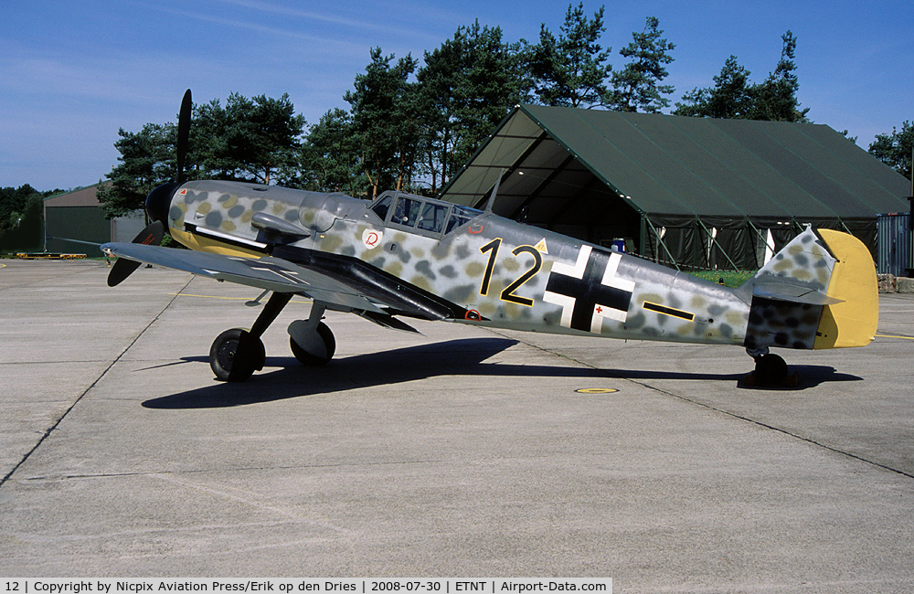 12, Messerschmitt Bf-109G-6/R-6 C/N 174, German AF Me-109G fighter on the ramp of Wittmund AB, Germany.