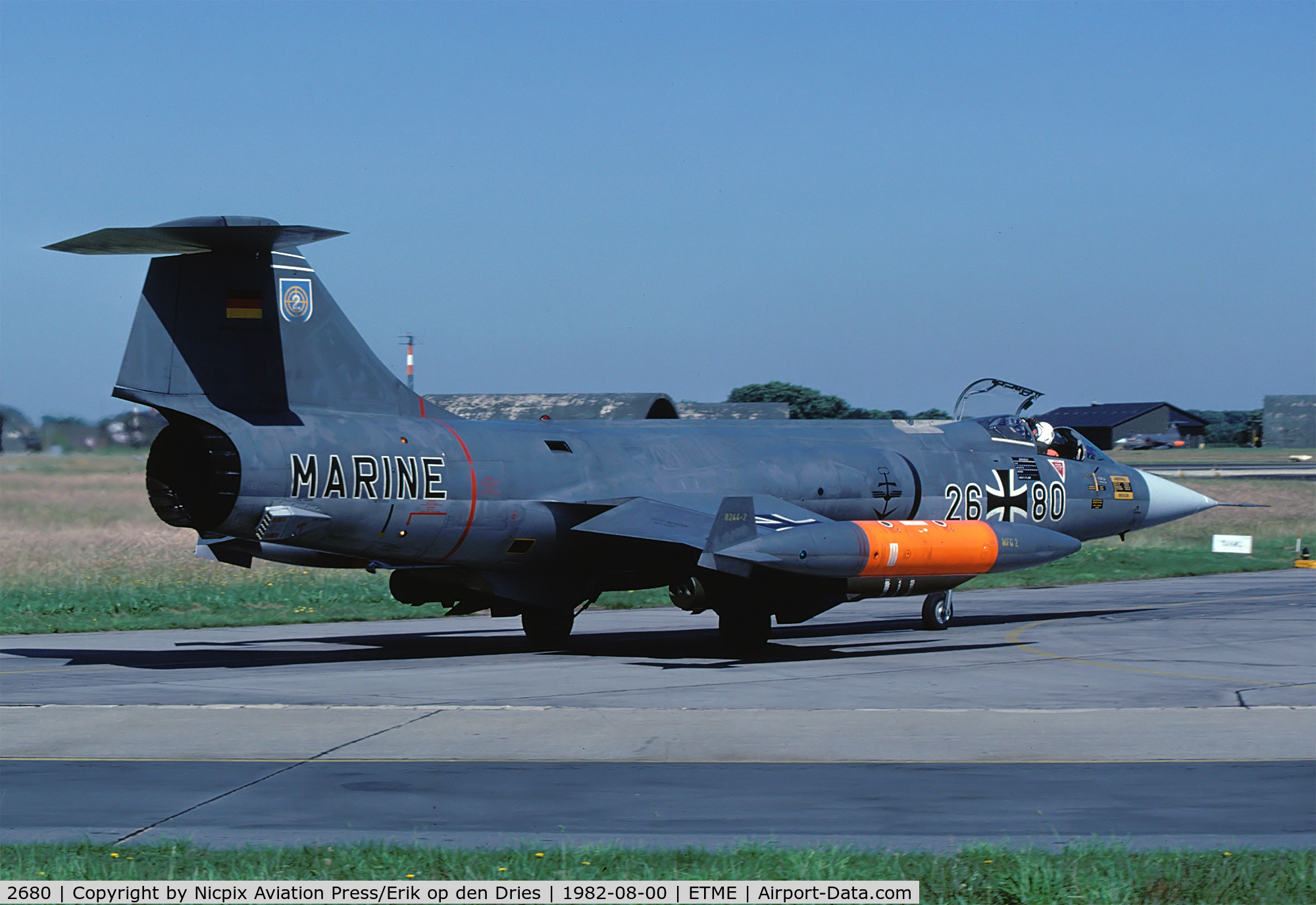 2680, Lockheed F-104G Starfighter C/N 683-7426, German Navy F-104G, armed with two live Kormoran anti-ship rockets, on the taxitrack of its'homebase, NAS Eggebeck. This aircraft was sold to the Greece AF.