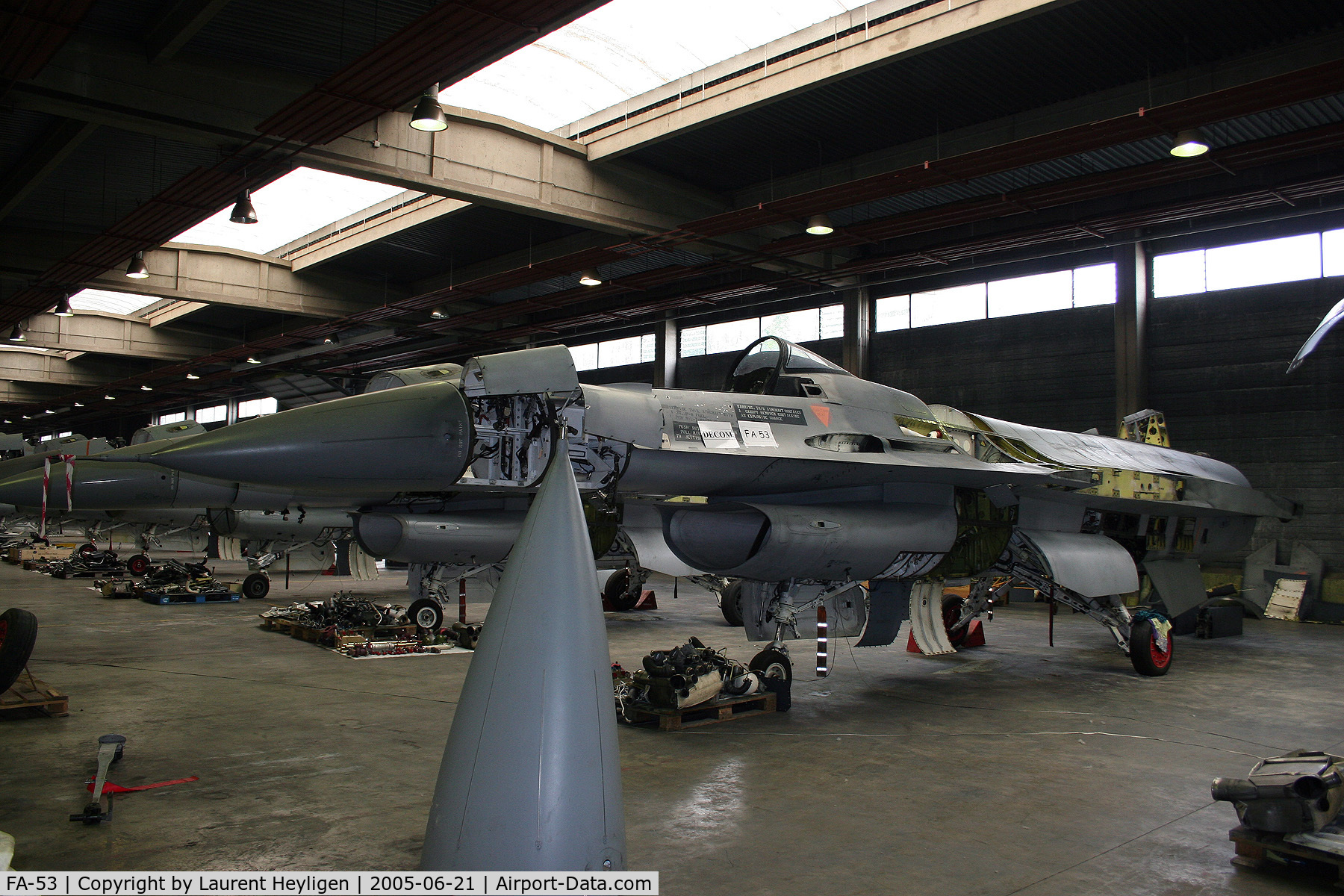 FA-53, 1982 SABCA F-16AM Fighting Falcon C/N 6H-53, Being dismantled at Rocourt, Belgium