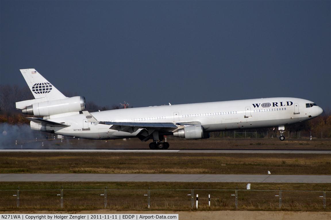 N271WA, 1992 McDonnell Douglas MD-11 C/N 48518, Touch down on rwy 08L for a stop on sunny LEJ.